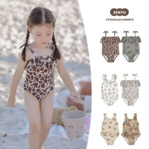 肩綁帶荷葉包屁泳裝+泳帽