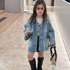 寬鬆拼接皮領牛仔外套